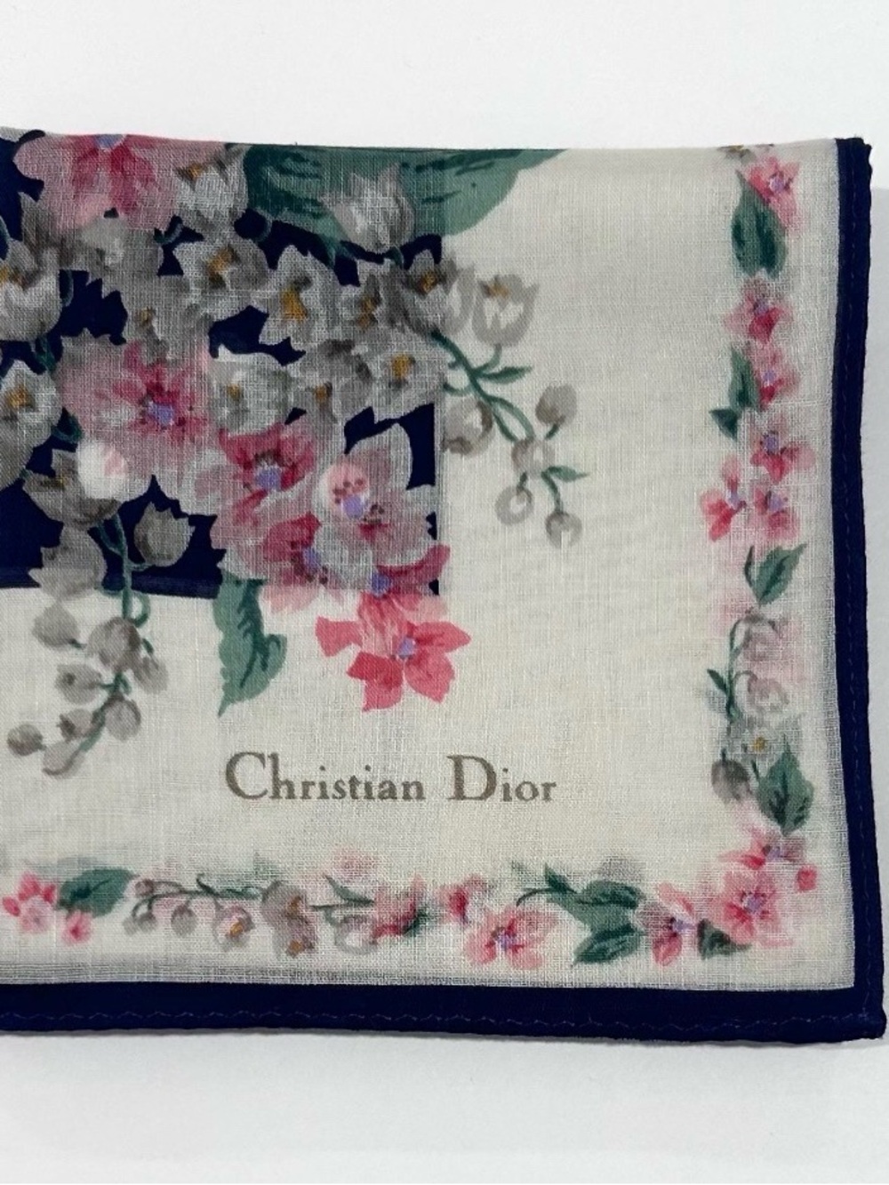WOMEN HANDKERCHIEF CHRISTIAN DIOR Floral Blue Polka Dot Bandana Scarf COTTON 18” - Picture 2 of 5
